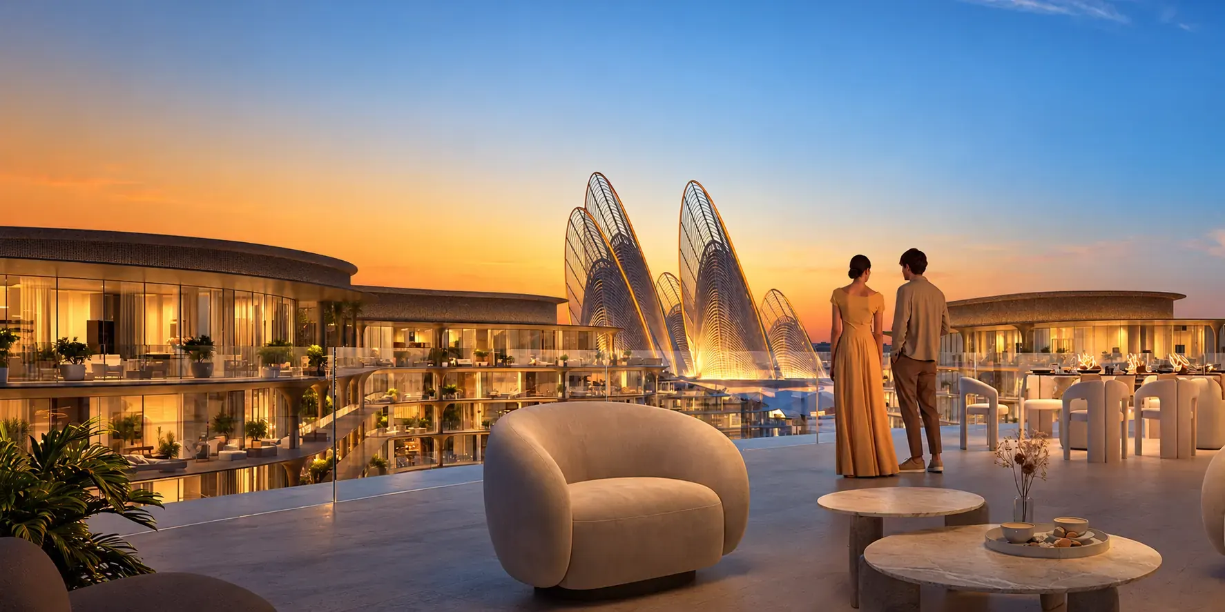 Terrace at sunset overlooking Saadiyat, Abu Dhabi